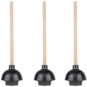 3 Heavy Duty Toilet Plungers, Double Thrust Rubber Cup Wood Handle 3 Heavy Duty Toilet Plungers, Double Thrust Rubber Cup Wood Handle