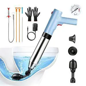 Electric Toilet Plunger, Blue One-Touch High Pressure Air Drain Blaster with Real-Time Barometer & Multi-Accessory Kit, Heavy Duty Automatic Drain Unclogger for Toilets, Sinks, Tubs, Pipes Electric Toilet Plunger, Blue One-Touch High Pressure Air Drain Blaster with Real-Time Barometer & Multi-Accessory Kit, Heavy Duty Automatic Drain Unclogger for Toilets, Sinks, Tubs, Pipes