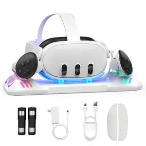 Charging Dock for Meta Quest 3S/Quest 3, Charging Station for Oculus Quest 3 VR Headset & Controllers, with 2 Rechargeable 2100mAh Batteries, USB-C Charger and Cable, Supports LED Indicator Charging Dock for Meta Quest 3S/Quest 3, Charging Station for Oculus Quest 3 VR Headset & Controllers, with 2 Rechargeable 2100mAh Batteries, USB-C Charger and Cable, Supports LED Indicator