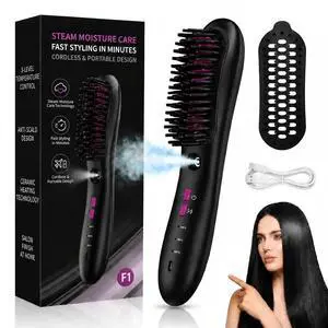 Cordless Mist Straightening Comb Portable Steam Hair Straightener Brush 3 Temp Settings Rechargeable Hydrating Electric Spray Technology All Types with Detangling Style Smart Cordless Mist Straightening Comb Portable Steam Hair Straightener Brush 3 Temp Settings Rechargeable Hydrating Electric Spray Technology All Types with Detangling Style Smart