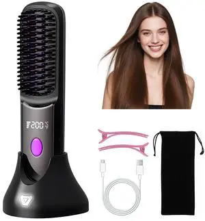 Cordless Hair Straightener Brush, Hair Straightening Brush, Mini Hair Straightener, with 3 Temperature, LED Display, Charge Base, 5200mAh, Fast Heating, Gift for Women, for All Hair Types Cordless Hair Straightener Brush, Hair Straightening Brush, Mini Hair Straightener, with 3 Temperature, LED Display, Charge Base, 5200mAh, Fast Heating, Gift for Women, for All Hair Types