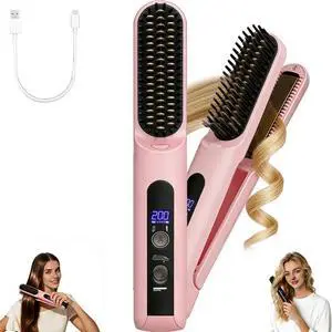 Cordless Hair Straightener Brush - Curler 2 in 1 Hair Styling ToolsPortable Rechargeable Battery-Powered for Travel with 4 Temperature Settings Removable for Easy Cleaning Cordless Hair Straightener Brush - Curler 2 in 1 Hair Styling ToolsPortable Rechargeable Battery-Powered for Travel with 4 Temperature Settings Removable for Easy Cleaning