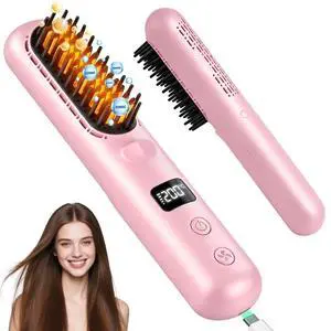 Go Brush Pro 2026, Cordless Hair Straightener Brush, Mini Hair Straightener with 3 Temperature Settings, Portable Hair Straightener Brush with MCH Heating and Ionic & Ceramic Care for Women (Pink) Go Brush Pro 2026, Cordless Hair Straightener Brush, Mini Hair Straightener with 3 Temperature Settings, Portable Hair Straightener Brush with MCH Heating and Ionic & Ceramic Care for Women (Pink)