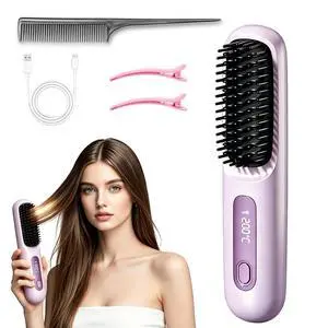 Cordless Hair Straightening Brush with LCD Temperature Screen, 3 Heat Settings, Ionic Ceramic Anti-Frizz Comb, 20S Rapid Heat, Portable Travel Hair Straightener for All Hair Textures Cordless Hair Straightening Brush with LCD Temperature Screen, 3 Heat Settings, Ionic Ceramic Anti-Frizz Comb, 20S Rapid Heat, Portable Travel Hair Straightener for All Hair Textures