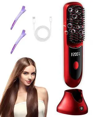 Go Brush Pro Hair Straightener Cordless Comb with Negative Ion, 6000mAh Fast Heating & Portable Travel Design, Rechargeable Brush for Straightening and Curling (Red-1Pcs) Go Brush Pro Hair Straightener Cordless Comb with Negative Ion, 6000mAh Fast Heating & Portable Travel Design, Rechargeable Brush for Straightening and Curling (Red-1Pcs)