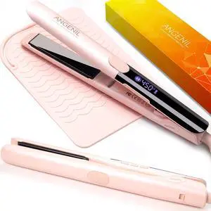 Pro Titanium Flat Iron Hair Straightener and Curler 2 in 1 with Heat Resistant Silicone Mat, Round Pink Dual Voltage Hair Straightener Irons, Smoothness, Large LCD Display, 20s Fast Heating Pro Titanium Flat Iron Hair Straightener and Curler 2 in 1 with Heat Resistant Silicone Mat, Round Pink Dual Voltage Hair Straightener Irons, Smoothness, Large LCD Display, 20s Fast Heating