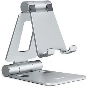 Dual Folding Cell Phone Stand, Fully Adjustable Foldable Desktop Phone Holder Cradle Dock Compatible with iPhone 17 16 15 14 13 12 11 Pro Max Xs Xr X 8, Nintendo Switch, All Phones - Silver Dual Folding Cell Phone Stand, Fully Adjustable Foldable Desktop Phone Holder Cradle Dock Compatible with iPhone 17 16 15 14 13 12 11 Pro Max Xs Xr X 8, Nintendo Switch, All Phones - Silver