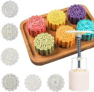 Moon Cake Mold 6 PCS, Mid Autumn Festival DIY Hand Press Cookie Stamps Pastry Tool Moon Cake Maker, Flower Mode Patterns 1 Mold 6 Stamps 50g (White). Moon Cake Mold 6 PCS, Mid Autumn Festival DIY Hand Press Cookie Stamps Pastry Tool Moon Cake Maker, Flower Mode Patterns 1 Mold 6 Stamps 50g (White).