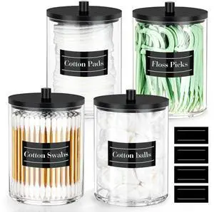 4 Pack 10 oz Acrylic Qtip Holder with Labels Dispenser- Bathroom Small Clear Plastic Canister Apothecary Jar Set Essentials Accessories Decor, Vanity Storage Organizer 4 Pack 10 oz Acrylic Qtip Holder with Labels Dispenser- Bathroom Small Clear Plastic Canister Apothecary Jar Set Essentials Accessories Decor, Vanity Storage Organizer
