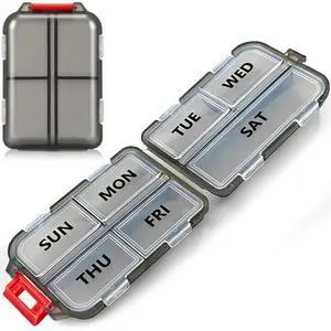7 Day Compact Pill Organizer, Foldable Portable Travel Pill Box with Double Protection, Daily Small Pill Case Dispenser for Medication, Vitamins, Supplements (Clear Black) 7 Day Compact Pill Organizer, Foldable Portable Travel Pill Box with Double Protection, Daily Small Pill Case Dispenser for Medication, Vitamins, Supplements (Clear Black)