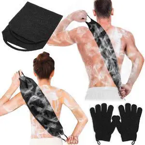 Exfoliating Back Scrubber Bath Gloves Set, Exfoliating Shower Towel with Shower Gloves for Body Scrub, Back Cleaner Wash Gloves to Remove Dead Skin (Black) Exfoliating Back Scrubber Bath Gloves Set, Exfoliating Shower Towel with Shower Gloves for Body Scrub, Back Cleaner Wash Gloves to Remove Dead Skin (Black)