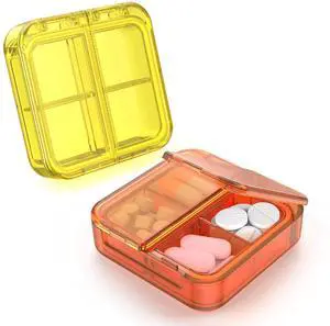 Small Pill Box,4 Compartments Travel Pill Case, Portable Pill Organizer,Mini Pill Container for Pocket,Daily Compact Travel Medicine Holder for Vitamins Fish Oil and Supplement Storage(Orange+Yellow) Small Pill Box,4 Compartments Travel Pill Case, Portable Pill Organizer,Mini Pill Container for Pocket,Daily Compact Travel Medicine Holder for Vitamins Fish Oil and Supplement Storage(Orange+Yellow)