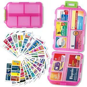 Pill Organizer with 161 Medicine Labels, Daily Travel Pill Case (Pink) Pill Organizer with 161 Medicine Labels, Daily Travel Pill Case (Pink)