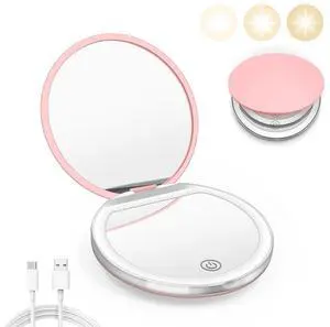 Pink Compact Mirror with Light, 1X/3X Magnification LED Pocket Mirror Pink Compact Mirror with Light, 1X/3X Magnification LED Pocket Mirror