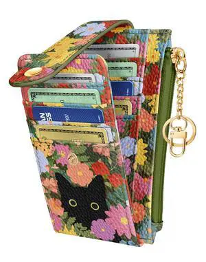 Slim Small Card Wallet for Women Cute Card Holder Wallets with Keychain Credit RFID Blocking Holds 7 Cards, Leather Fashion Design for Female Ladies Teen Girls, Cat Flower Slim Small Card Wallet for Women Cute Card Holder Wallets with Keychain Credit RFID Blocking Holds 7 Cards, Leather Fashion Design for Female Ladies Teen Girls, Cat Flower
