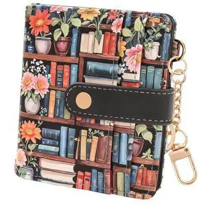Flowers Bookshelf Slim Bifold Card Holder, Small Wallet for Women Flowers Bookshelf Slim Bifold Card Holder, Small Wallet for Women
