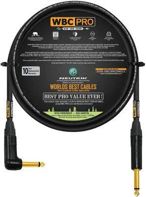 2 Foot - WBC-PRO-Guitar 20 AWG - Low-Cap (18pF/ft) Pro-Grade Graphite-Based - Dual-Shielded Guitar, Bass, Instrument Cable with Neutrik Straight to Angled Inch (6.35mm) Gold TS Connectors 2 Foot - WBC-PRO-Guitar 20 AWG - Low-Cap (18pF/ft) Pro-Grade Graphite-Based - Dual-Shielded Guitar, Bass, Instrument Cable with Neutrik Straight to Angled Inch (6.35mm) Gold TS Connectors