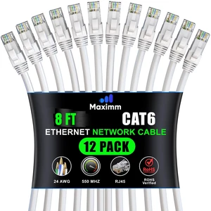 Maximm Cat6 Ethernet Cable 8 Ft, 10 Gbps 550 MHz, White, 12 Pack Maximm Cat6 Ethernet Cable 8 Ft, 10 Gbps 550 MHz, White, 12 Pack