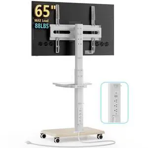 AX WABER Mobile TV Stand with Power Outlets&Shelf, Floor Portable TV Stand with Wheels for 27-65Inch LCD LED OLED Flat/Curved Panel Screen, Swivel,Height Adjustable&Wood Base, RollingTV Cart White AX WABER Mobile TV Stand with Power Outlets&Shelf, Floor Portable TV Stand with Wheels for 27-65Inch LCD LED OLED Flat/Curved Panel Screen, Swivel,Height Adjustable&Wood Base, RollingTV Cart White