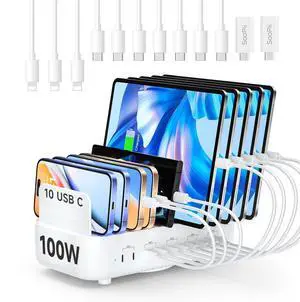 SooPii 100W 10-Port USB Charging Station, 10 USB-C PD Fast Charging Compatible with Phone,lPad,Galaxy, and Other Electronics, 10 Mixed Charging Cables Included (White) SooPii 100W 10-Port USB Charging Station, 10 USB-C PD Fast Charging Compatible with Phone,lPad,Galaxy, and Other Electronics, 10 Mixed Charging Cables Included (White)