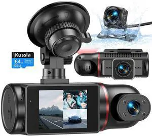 Kussla Dash Cam Front and Rear Inside, 1080P 3 Channel Dash Camera for Cars with 64GB Card, Super Night Vision Dashcam, Car Camera with Loop Recording, G-Sensor, WDR, 24H Parking Monitor Kussla Dash Cam Front and Rear Inside, 1080P 3 Channel Dash Camera for Cars with 64GB Card, Super Night Vision Dashcam, Car Camera with Loop Recording, G-Sensor, WDR, 24H Parking Monitor