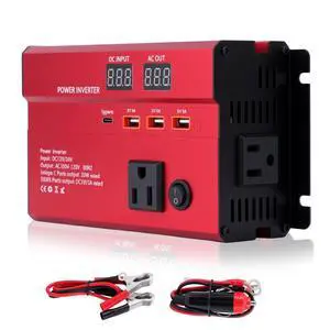 600W Car Power Inverter, 12V/24V Car Plug Adapter Outlet Converter with 1 Type C Port, 3 USB Ports, Dual AC Outlets for Cars Trucks US Plug (Red) 600W Car Power Inverter, 12V/24V Car Plug Adapter Outlet Converter with 1 Type C Port, 3 USB Ports, Dual AC Outlets for Cars Trucks US Plug (Red)