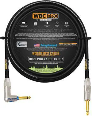 10 Foot - WBC-PRO-Guitar 20 AWG - Low-Cap (18pF/ft) Pro-Grade Graphite-Based - Dual-Shielded Guitar Bass Instrument Cable w/Amphenol Straight - Angled (Silent) Inch (6.35mm) Gold TS Plugs 10 Foot - WBC-PRO-Guitar 20 AWG - Low-Cap (18pF/ft) Pro-Grade Graphite-Based - Dual-Shielded Guitar Bass Instrument Cable w/Amphenol Straight - Angled (Silent) Inch (6.35mm) Gold TS Plugs