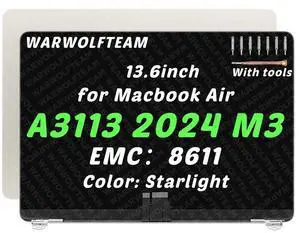 WARWOLFTEAM 13.6in Compatible with MacBook Air Mac15,12 A3113 2024 M3 MRXN3xx/A MRXQ3xx/A 2560 x 1664 EMC 8611 LCD LED Screen Digitizer Replacement Complete Assembly (Starlight) WARWOLFTEAM 13.6in Compatible with MacBook Air Mac15,12 A3113 2024 M3 MRXN3xx/A MRXQ3xx/A 2560 x 1664 EMC 8611 LCD LED Screen Digitizer Replacement Complete Assembly (Starlight)