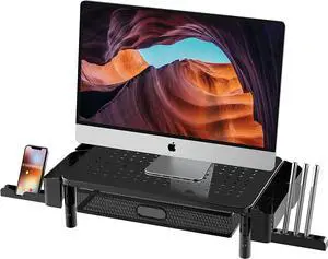 CHENOMiNL Desk Organizer with Drawer and Phone Holder, Computer Monitor Stand Riser for Home Office - Space-Saving Desktop Shelf with Sturdy Steel Frame, Black CHENOMiNL Desk Organizer with Drawer and Phone Holder, Computer Monitor Stand Riser for Home Office - Space-Saving Desktop Shelf with Sturdy Steel Frame, Black