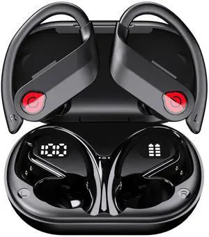 Bluetooth Headphones Wireless Earbuds 20Hrs Playback In Ear Buds Power Display with ENC Noise Canceling Mic, Last Long,Over-Ear Stereo Bass Earphones with Earhooks for Sports/Workout/RunningRed Bluetooth Headphones Wireless Earbuds 20Hrs Playback In Ear Buds Power Display with ENC Noise Canceling Mic, Last Long,Over-Ear Stereo Bass Earphones with Earhooks for Sports/Workout/RunningRed