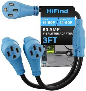 50 Amp Y Splitter Adapter Cord 3 Ft for RV EV Charging, 4 Prong 250V NEMA 14-50P to (2) 14-50R for Power Extension Plug & Auto/EV/Tesla Model 3/S/X/Y, Heavy-Duty 6/3+8/1 Gauge STW Outdoor, ETL-Blue 50 Amp Y Splitter Adapter Cord 3 Ft for RV EV Charging, 4 Prong 250V NEMA 14-50P to (2) 14-50R for Power Extension Plug & Auto/EV/Tesla Model 3/S/X/Y, Heavy-Duty 6/3+8/1 Gauge STW Outdoor, ETL-Blue