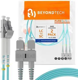 BEYONDTECH 1m (3.28ft) LC to SC Fiber Patch Cable (2-Pack) UPC Multimode Duplex Fiber Optic Cable 50/125m core, Compatible with OM3 10G LSZH PUREOptics Series BEYONDTECH 1m (3.28ft) LC to SC Fiber Patch Cable (2-Pack) UPC Multimode Duplex Fiber Optic Cable 50/125m core, Compatible with OM3 10G LSZH PUREOptics Series