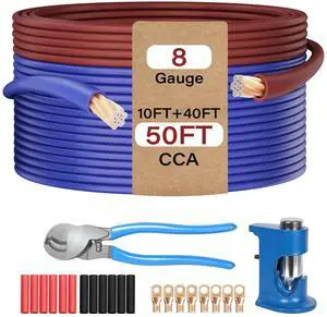 8 AWG Gauge Wire Kit CCA 40 Ft Blue+10 Ft Brown, Primary Automotive Power & Ground Wire Welding Battery Cable All-in-One Set for Car Audio RV Trailer Amp Marine+Lugs,Heat Shrink, Cutter &Crimping Tool 8 AWG Gauge Wire Kit CCA 40 Ft Blue+10 Ft Brown, Primary Automotive Power & Ground Wire Welding Battery Cable All-in-One Set for Car Audio RV Trailer Amp Marine+Lugs,Heat Shrink, Cutter &Crimping Tool