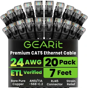 GEARIT 20-Pack, Cat5e Ethernet Patch Cable 7 Feet - Snagless RJ45 Computer LAN Network Cord, Black GEARIT 20-Pack, Cat5e Ethernet Patch Cable 7 Feet - Snagless RJ45 Computer LAN Network Cord, Black