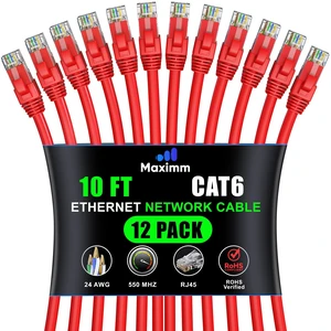 Maximm Cat6 Ethernet Cable 10 Ft, 10 Gbps 550 MHz, Red, 12 Pack Maximm Cat6 Ethernet Cable 10 Ft, 10 Gbps 550 MHz, Red, 12 Pack