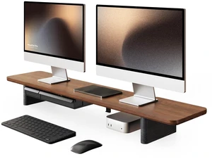 Fenge 42.5" Dual Monitor Stand with Storage Drawer & Solid Wood Legs, Brown Fenge 42.5" Dual Monitor Stand with Storage Drawer & Solid Wood Legs, Brown