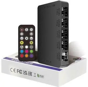 ARGB Fan Hub, 10-Port 4 Pin Fan Controller PC, 5V-3Pin, Magnetic Suction, SATA Power Input, RF Remote & Chassis Key Control, Support 10 ARGB PWM Fans Splitter, Black ARGB Fan Hub, 10-Port 4 Pin Fan Controller PC, 5V-3Pin, Magnetic Suction, SATA Power Input, RF Remote & Chassis Key Control, Support 10 ARGB PWM Fans Splitter, Black