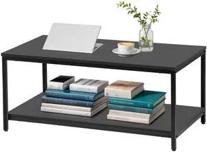 39.4in Industrial Coffee Table with Storage Shelf - Vintage Wood Look Rectangle Metal Frame Cocktail Table 2-Tier Tea Table for Small Apartment Living Room Home Office - Black 39.4in Industrial Coffee Table with Storage Shelf - Vintage Wood Look Rectangle Metal Frame Cocktail Table 2-Tier Tea Table for Small Apartment Living Room Home Office - Black