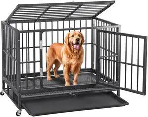 38 inch Heavy Duty Indestructible Dog Crate Escape Proof, Steel Chew Proof Dog Cage for High Anxiety Dogs with Wheels and Removable Tray, Indoor Double Door Travel Kennel, Extra Large XL 38 inch Heavy Duty Indestructible Dog Crate Escape Proof, Steel Chew Proof Dog Cage for High Anxiety Dogs with Wheels and Removable Tray, Indoor Double Door Travel Kennel, Extra Large XL
