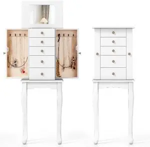 COSTWAY Standing Jewelry Armoire Cabinet, Wooden Jewelry Storage Chest with 5 Drawers, 2 Side Doors & Flip Top Mirror, Top Divided Compartments Jewelry Cabinet for Women (White) COSTWAY Standing Jewelry Armoire Cabinet, Wooden Jewelry Storage Chest with 5 Drawers, 2 Side Doors & Flip Top Mirror, Top Divided Compartments Jewelry Cabinet for Women (White)