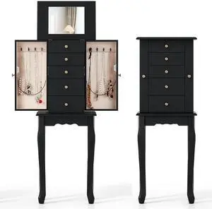 COSTWAY Standing Jewelry Armoire Cabinet, Wooden Jewelry Storage Chest with 5 Drawers, 2 Side Doors & Flip Top Mirror, Top Divided Compartments Jewelry Cabinet for Women (Black) COSTWAY Standing Jewelry Armoire Cabinet, Wooden Jewelry Storage Chest with 5 Drawers, 2 Side Doors & Flip Top Mirror, Top Divided Compartments Jewelry Cabinet for Women (Black)