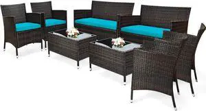 COSTWAY 8PCS Rattan Patio Furniture Set, Outdoor Wicker Rattan Chairs with Coffee Table, Rattan Cushioned Conversation Set for Backyard Balcony Porch Poolside, Turquoise COSTWAY 8PCS Rattan Patio Furniture Set, Outdoor Wicker Rattan Chairs with Coffee Table, Rattan Cushioned Conversation Set for Backyard Balcony Porch Poolside, Turquoise