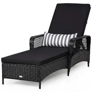 COSTWAY PE Rattan Chaise Lounge Chair, 6 Gear Adjustable Recliner with Armrest & Pillow, Wicker Outdoor Furniture for Deck, Patio (1, Black+White) COSTWAY PE Rattan Chaise Lounge Chair, 6 Gear Adjustable Recliner with Armrest & Pillow, Wicker Outdoor Furniture for Deck, Patio (1, Black+White)