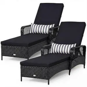 COSTWAY PE Rattan Chaise Lounge Chair, 6 Gear Adjustable Recliner with Armrest & Pillow, Wicker Outdoor Furniture for Deck, Patio (2, Black+White) COSTWAY PE Rattan Chaise Lounge Chair, 6 Gear Adjustable Recliner with Armrest & Pillow, Wicker Outdoor Furniture for Deck, Patio (2, Black+White)
