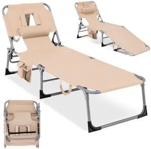 COSTWAY Tanning Chair with Face Hole, Folding Beach Lounge Chair with 4-Position Adjustable Backrest, Pillow & Side Pocket, Foldable Chaise Lounge Chair Outdoor for Sunbathing, Camping (1, Beige) COSTWAY Tanning Chair with Face Hole, Folding Beach Lounge Chair with 4-Position Adjustable Backrest, Pillow & Side Pocket, Foldable Chaise Lounge Chair Outdoor for Sunbathing, Camping (1, Beige)