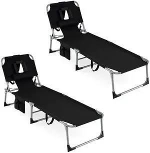 COSTWAY Tanning Chair with Face Hole, Folding Beach Lounge Chair with 4-Position Adjustable Backrest, Pillow & Side Pocket, Foldable Chaise Lounge Chair Outdoor for Sunbathing, Camping (2, Black) COSTWAY Tanning Chair with Face Hole, Folding Beach Lounge Chair with 4-Position Adjustable Backrest, Pillow & Side Pocket, Foldable Chaise Lounge Chair Outdoor for Sunbathing, Camping (2, Black)