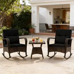 COSTWAY Outdoor Rocking Chairs Set of 2, 3 Piece PE Wicker Patio Bistro Set with Coffee Table & Thick Cushions, Rattan Patio Rocker Furniture for Front Porch Lawn Garden Backyard Deck Poolside (Black) COSTWAY Outdoor Rocking Chairs Set of 2, 3 Piece PE Wicker Patio Bistro Set with Coffee Table & Thick Cushions, Rattan Patio Rocker Furniture for Front Porch Lawn Garden Backyard Deck Poolside (Black)