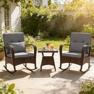 COSTWAY Outdoor Rocking Chairs Set of 2, 3 Piece PE Wicker Patio Bistro Set with Coffee Table & Thick Cushions, Rattan Patio Rocker Furniture for Front Porch Lawn Garden Backyard Deck Poolside (Gray) COSTWAY Outdoor Rocking Chairs Set of 2, 3 Piece PE Wicker Patio Bistro Set with Coffee Table & Thick Cushions, Rattan Patio Rocker Furniture for Front Porch Lawn Garden Backyard Deck Poolside (Gray)