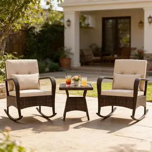 COSTWAY Outdoor Rocking Chairs Set of 2, 3 Piece PE Wicker Patio Bistro Set with Coffee Table & Thick Cushions, Rattan Patio Rocker Furniture for Front Porch Lawn Garden Backyard Deck Poolside (Beige) COSTWAY Outdoor Rocking Chairs Set of 2, 3 Piece PE Wicker Patio Bistro Set with Coffee Table & Thick Cushions, Rattan Patio Rocker Furniture for Front Porch Lawn Garden Backyard Deck Poolside (Beige)