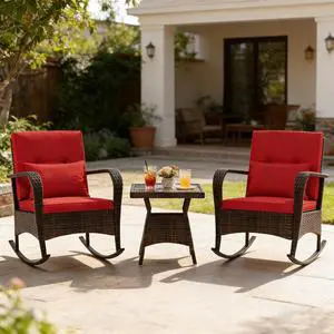 COSTWAY Outdoor Rocking Chairs Set of 2, 3 Piece PE Wicker Patio Bistro Set with Coffee Table & Thick Cushions, Rattan Patio Rocker Furniture for Front Porch Lawn Garden Backyard Deck Poolside (Red) COSTWAY Outdoor Rocking Chairs Set of 2, 3 Piece PE Wicker Patio Bistro Set with Coffee Table & Thick Cushions, Rattan Patio Rocker Furniture for Front Porch Lawn Garden Backyard Deck Poolside (Red)